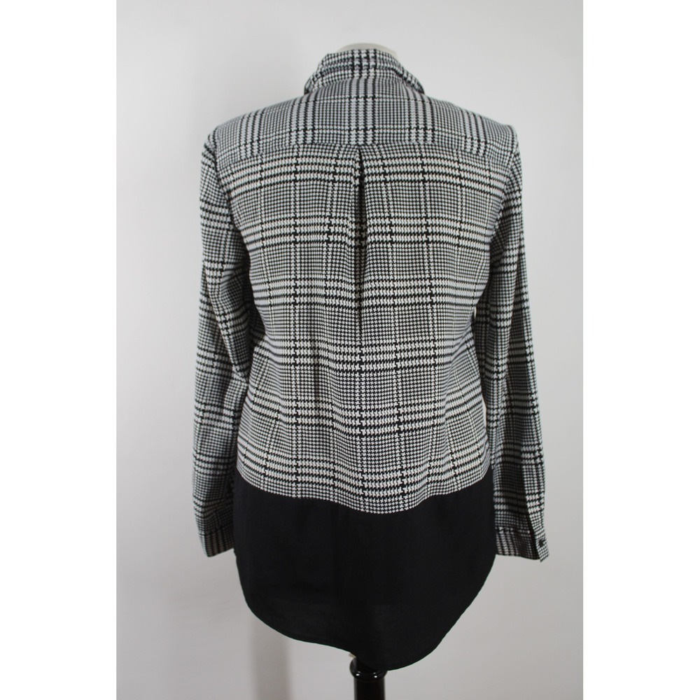 Talbots Size S Black White Plaid Button Down Blouse Mixed Media Roll Tab Sleeve - Picture 3 of 8